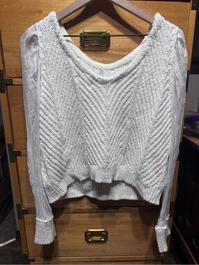 Maeve Cream Cable Knit Sweater with Sheer Long Sleeves